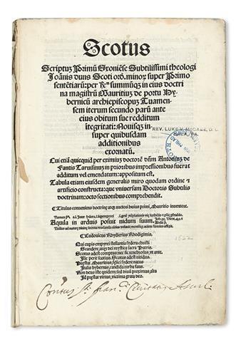 DUNS SCOTUS, JOHANNES. Scotus. Scriptu[m] . . . super primo[-secundo] sente[n]tiaru[m].  Parts 1-2 (of 5) in one vol.  1521